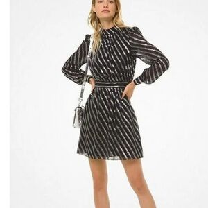 Michael Kors Black and Silver Striped Long Sleeve Dress